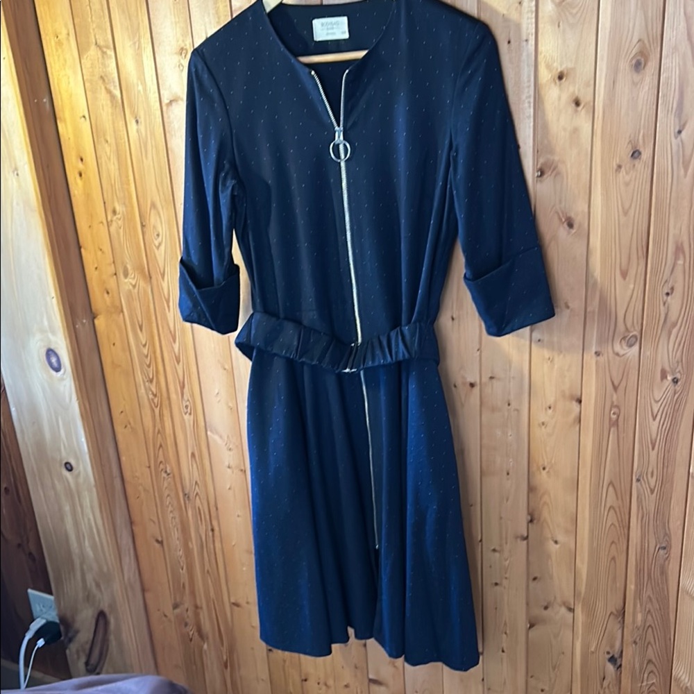 Elegant Stretch Wool Navy Business Designer Dress with Belt